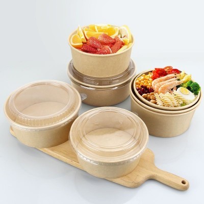 批发一次性牛皮纸碗打包盒水果捞沙拉外卖盒带盖圆形轻食盒 子餐盒